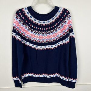 J. Crew Navy and Pink Patterned Crew Neck Sweater